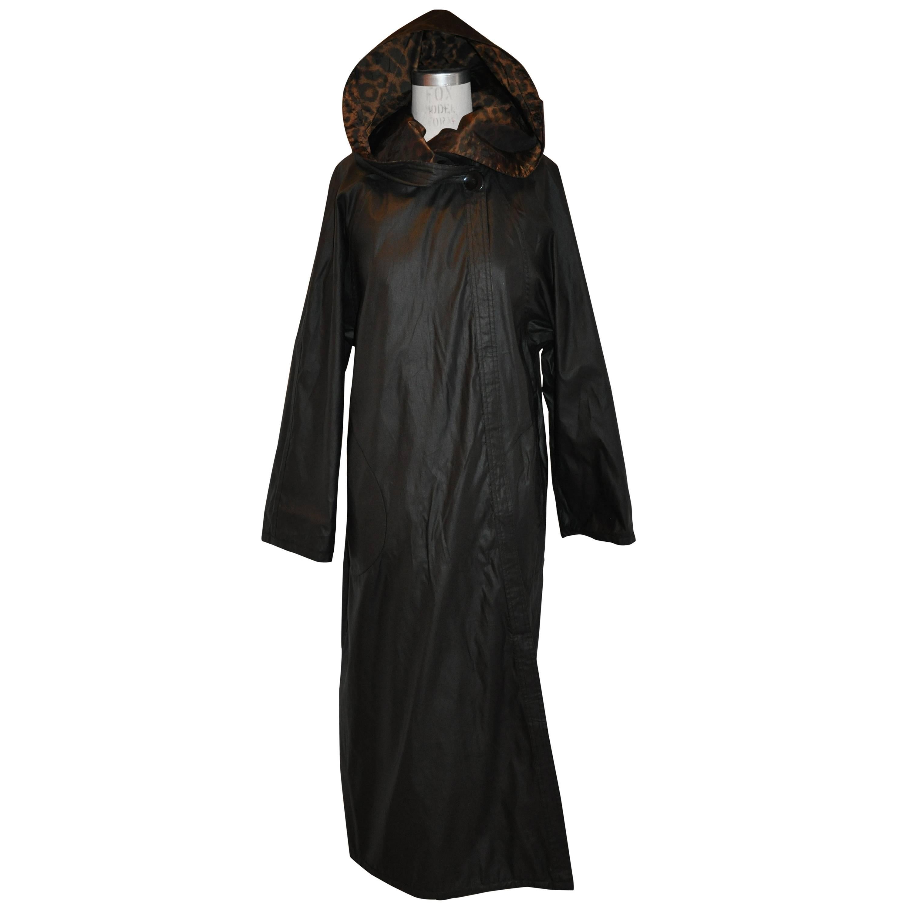 Floor-Length Reversible Black & Leopard Print Hooded Raincoat