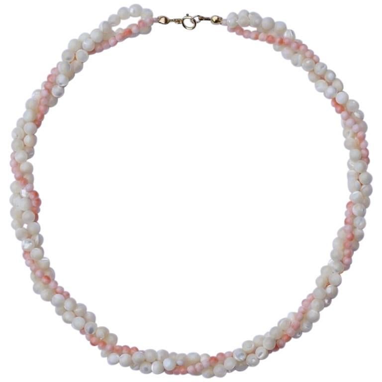 Twisted Triple Strand Coral and Mother of Pearl Bead Necklace circa 1970s