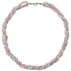 Twisted Triple Strand Coral and Mother of Pearl Bead Necklace circa 1970s