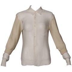 Comme des Garcons White Button Up Blouse Top/ Shirt with Cream Wool Knit Sleeves