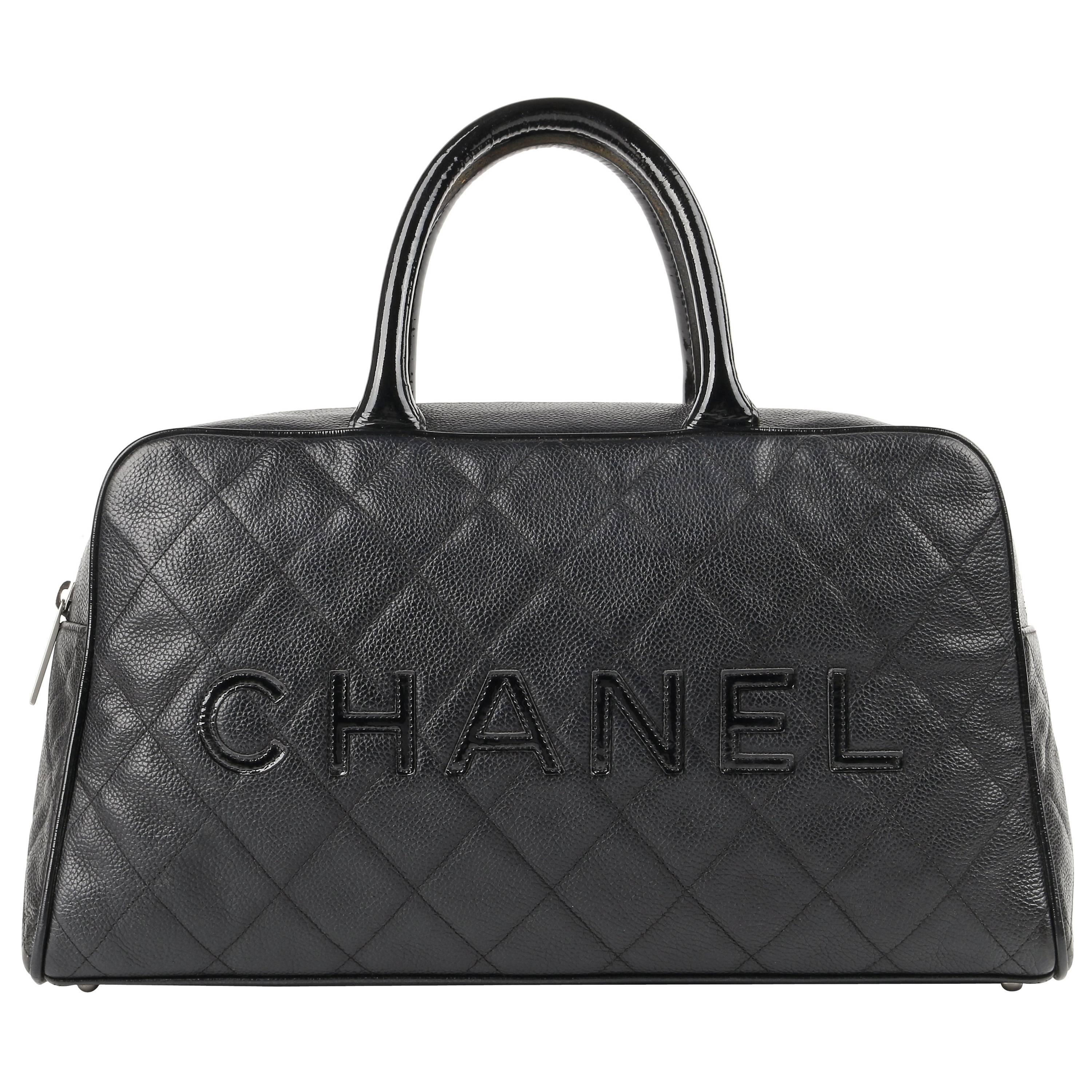 CHANEL Caviar Diamond Quilted & Patent Leather Boston Bowler Bag
