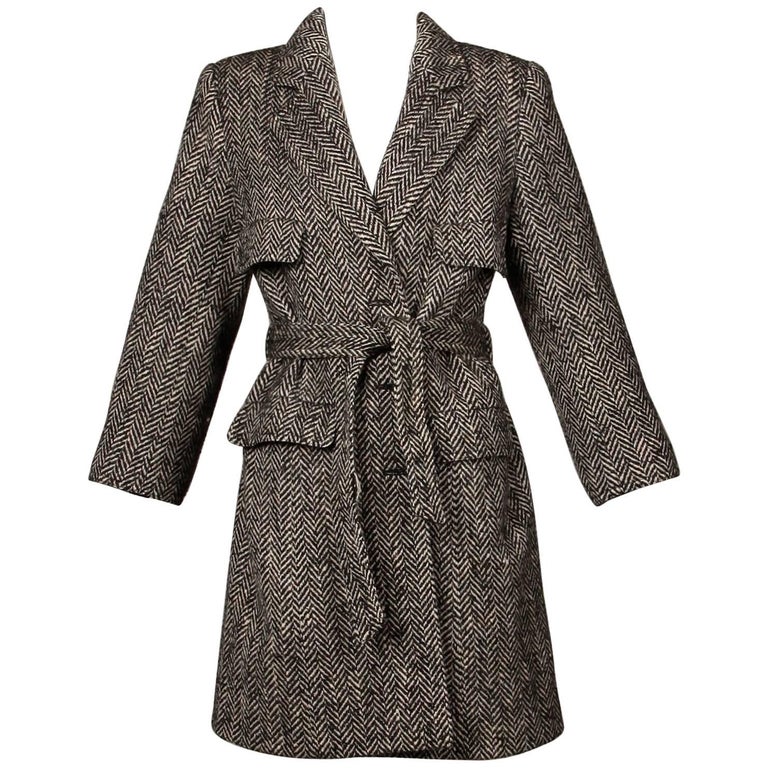 Valentino Vintage Black + White Heringbone Wool Coat with Sash Belt For