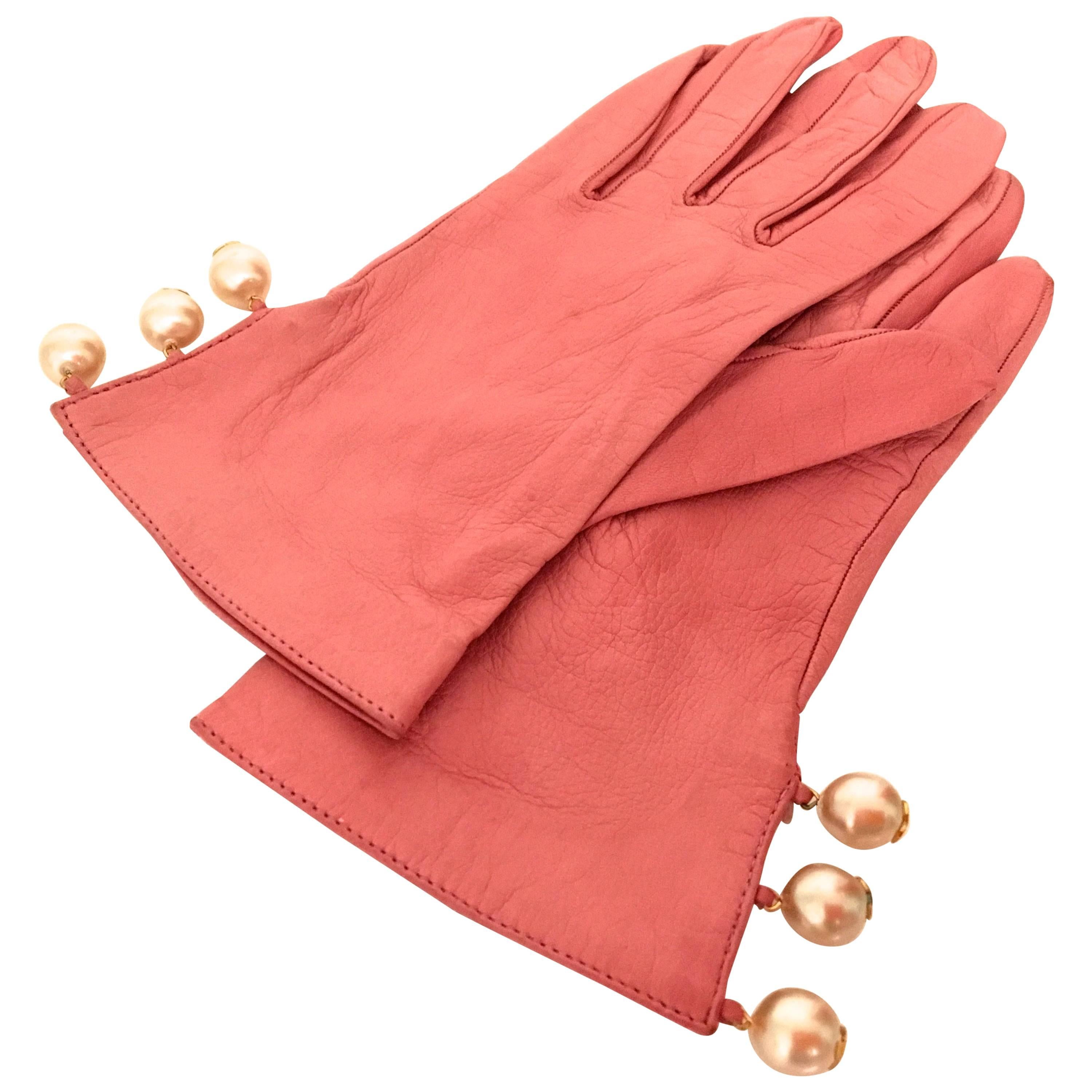 Chanel Leather Gloves with CC Logo Pearls For Sale