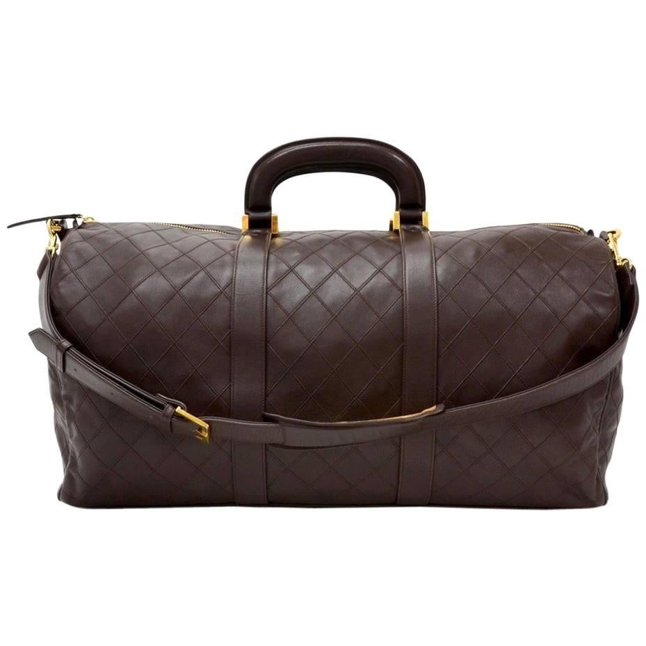 Vintage Chanel Boston Brown Leather XL Travel Bag + Strap For Sale