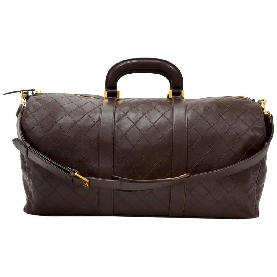 Vintage Chanel Boston Brown Leather Large Travel Bag + Straps For Sale