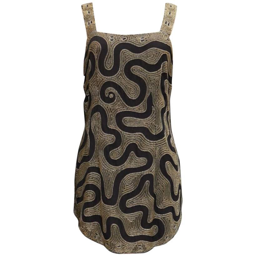 1980s Karl Lagerfeld short evening dress in black silk and golden beads For Sale