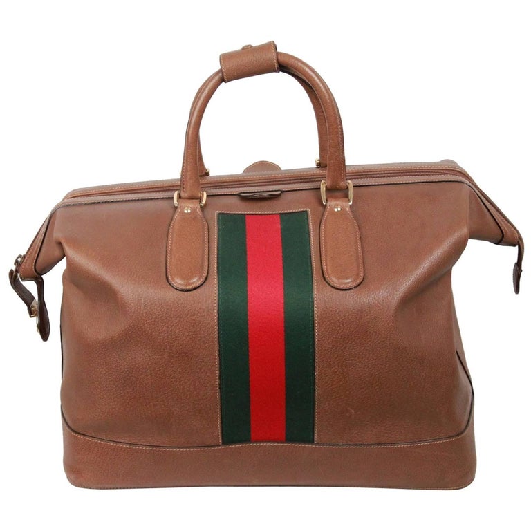 GUCCI VINTAGE Tan Leather TRAVEL BAG Weekender w/ STRIPES For Sale at 1stdibs