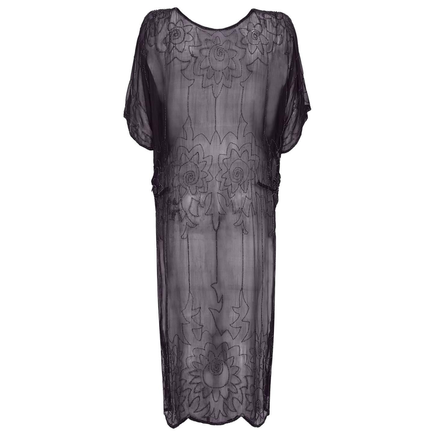 1920s Black Silk Chiffon Tunic Style Flapper Dress With Beaded Embellishment