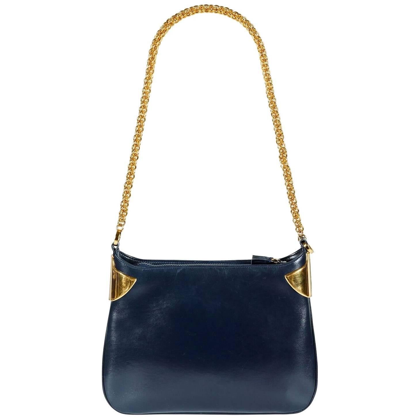 1980s Gucci Navy Blue Leather Gold Chain Shoulder Bag