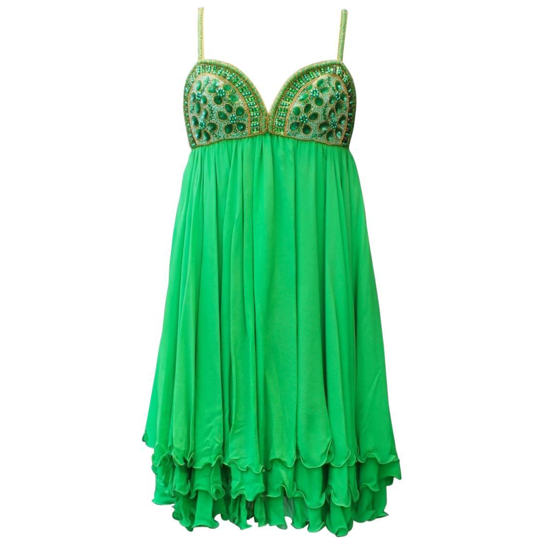 Serge Lepage Haute Couture embroidered green chiffon short dress, 1980s   For Sale