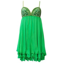 Vintage Serge Lepage Haute Couture embroidered green chiffon short dress, 1980s  