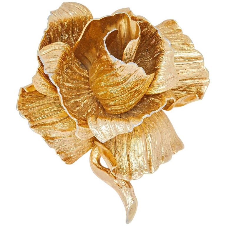 1960s Christian Dior Gold Sculpted Rose Brooch Henkel and Grosse