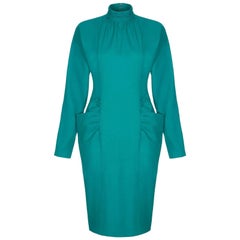 1980s Nina Ricci Boutique Green Wool Long Sleeved Dress