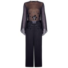 Vintage 1970s Black Chiffon Jumpsuit With Oversized Sequin Embellishment