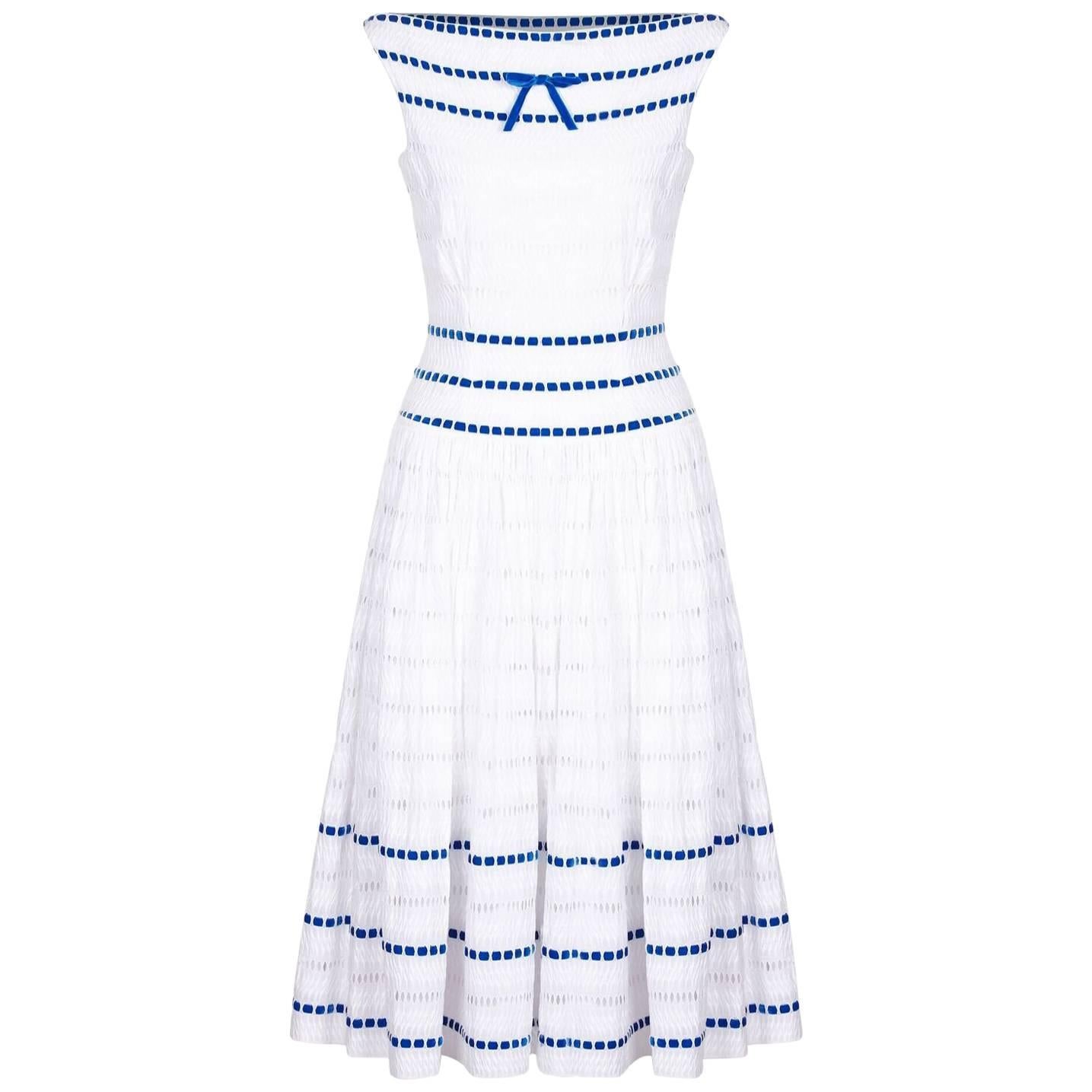 1950s Italian Couture White Broderie Anglaise Dress with Blue Ribbon Work
