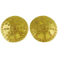 Yves Saint Laurent YSL Vintage Gold Toned Ethnic Disc Clip-On Earrings