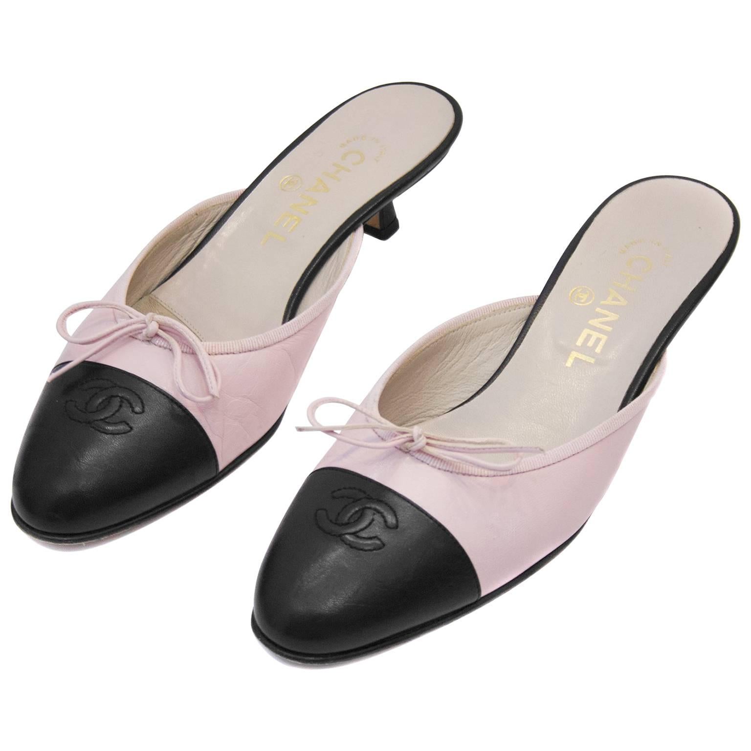 1990s Chanel Pink and Black Mules at 1stDibs