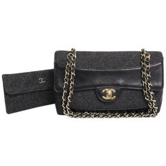 Collector CHANEL 'Mademoiselle' Shoulder Bag in Black Leather and Gray Jersey