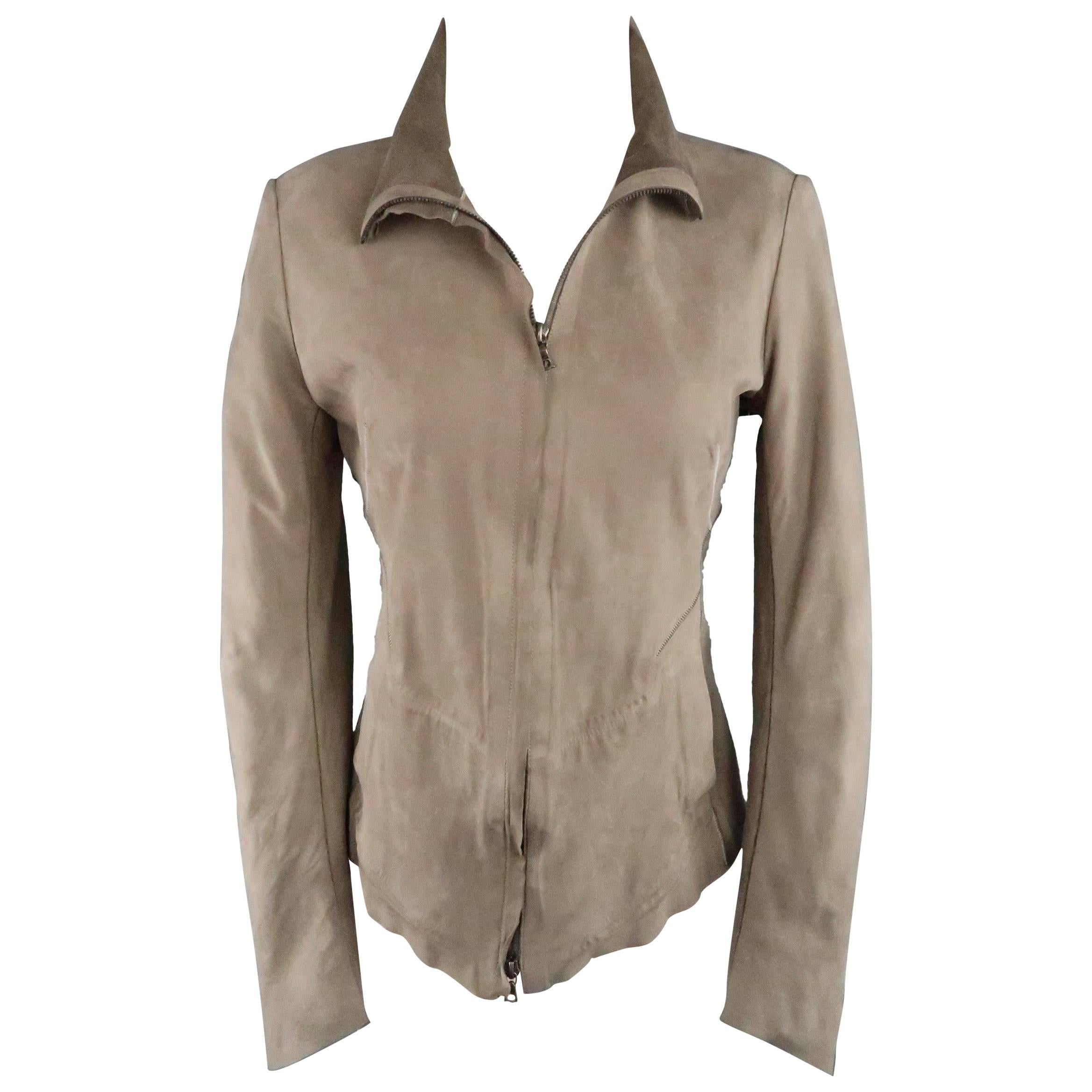 ISAAC SELLAM Size 4 Taupe Distressed Nubuck Leather Staples Jacket
