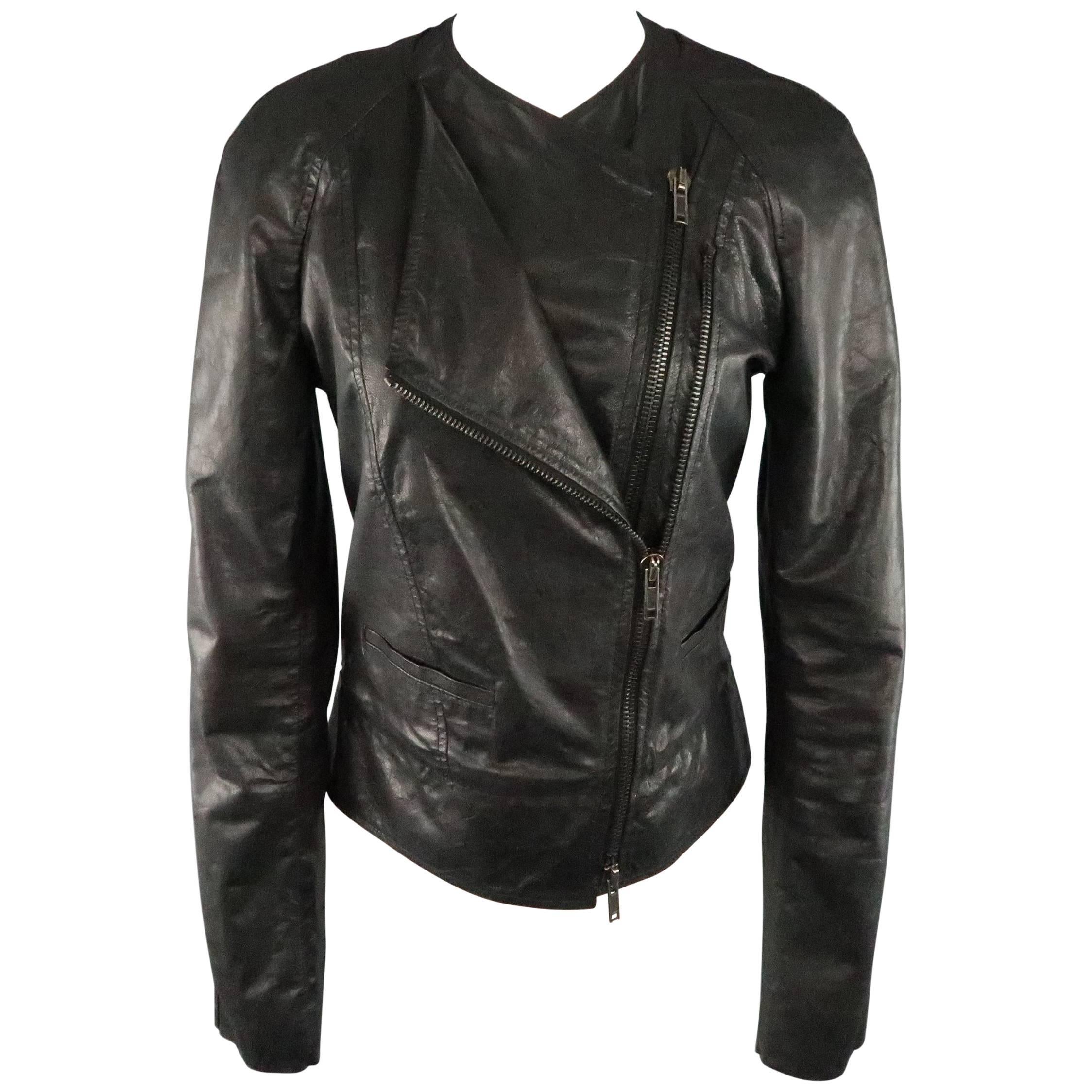 HAIDER ACKERMANN Size S Black Shiny Leather Layered Zip Biker Jacket