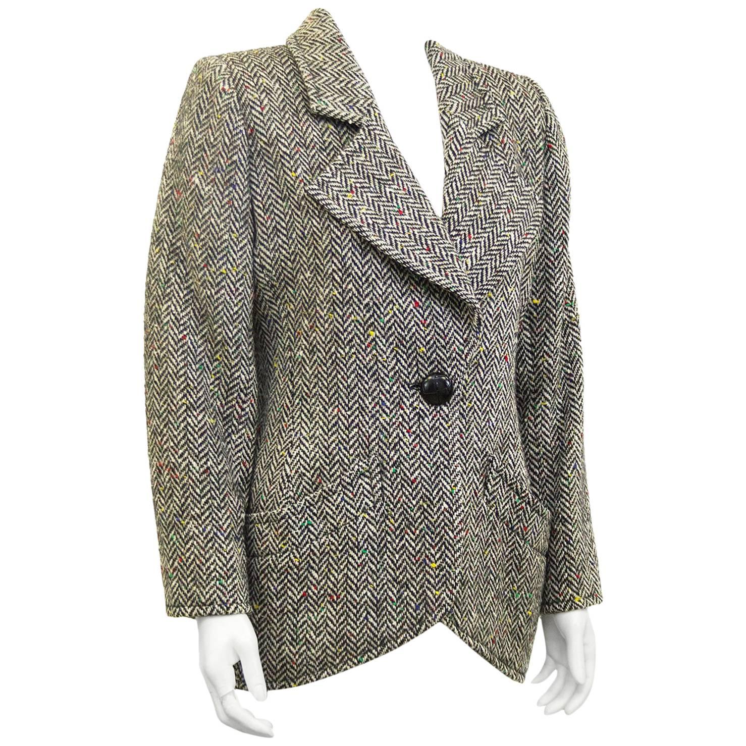 1980s Black and White Herringbone Wool Jacket with Color Specks 