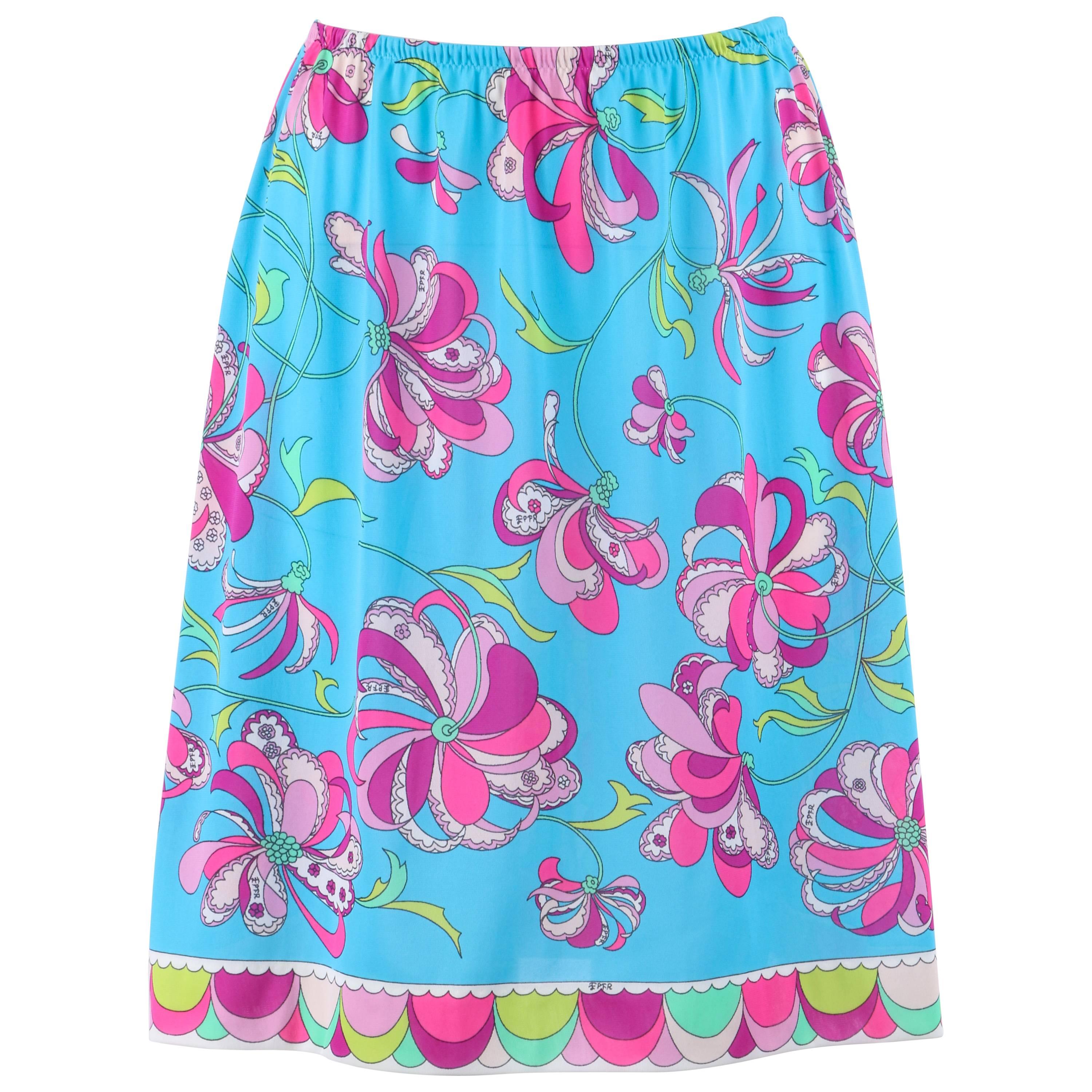 EMILIO PUCCI c.1960's Formfit Rogers Blue Multicolor Floral Print Slip Skirt