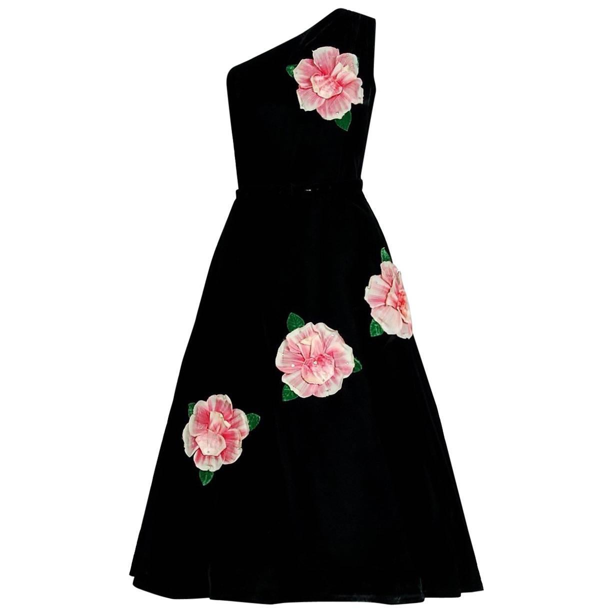 1950's Pink-Roses Floral Applique Black Velvet One Shoulder Belted Party Dress