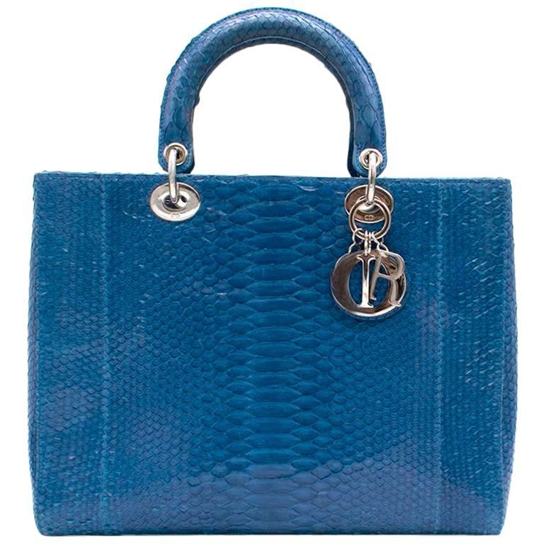 Lady Dior Electric Blue Python Tote Bag For Sale