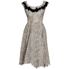 1955 Elizabeth Arden Couture Ivory Lace & Black Velvet Scalloped Party Dress