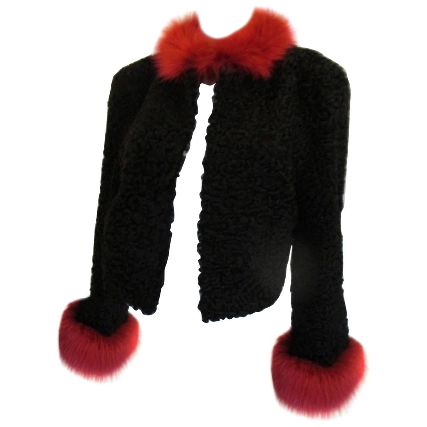 Black Persian Lamb Jacket trimmed with red Fox Fur