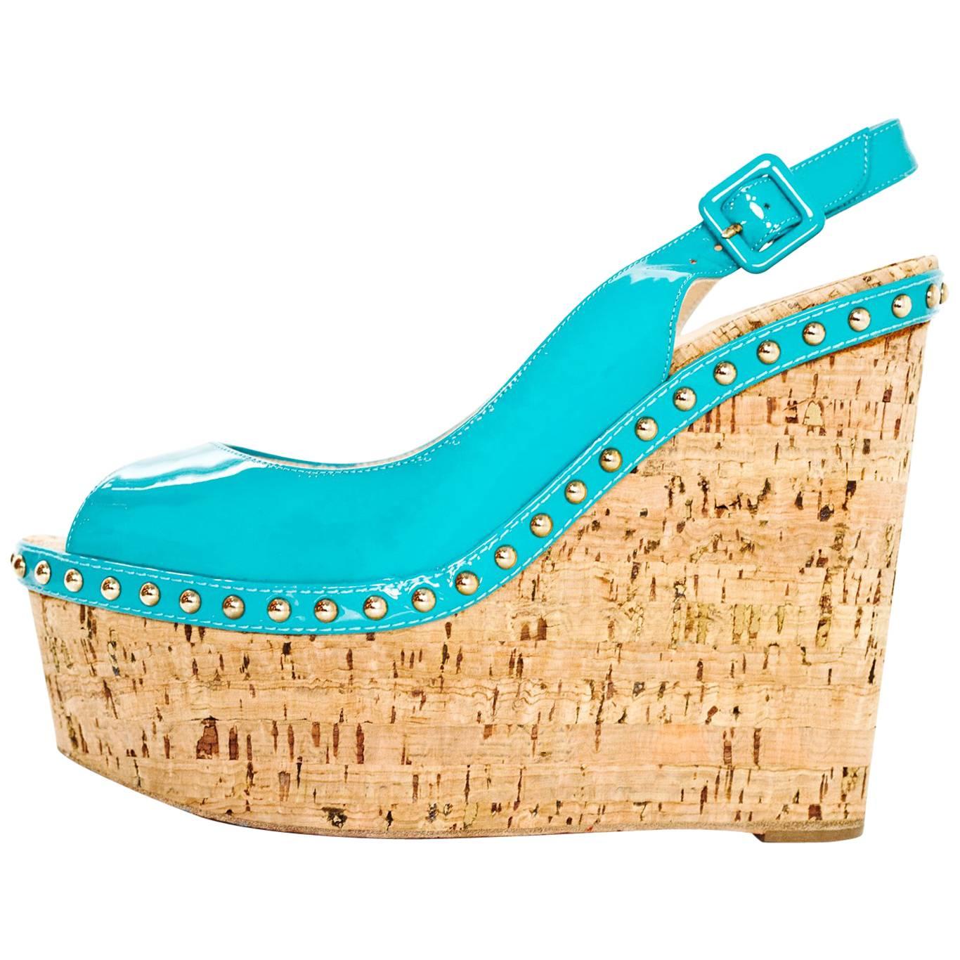 Christian Louboutin Turquoise Patent Leather Peep-Toe Wedges Sz 38