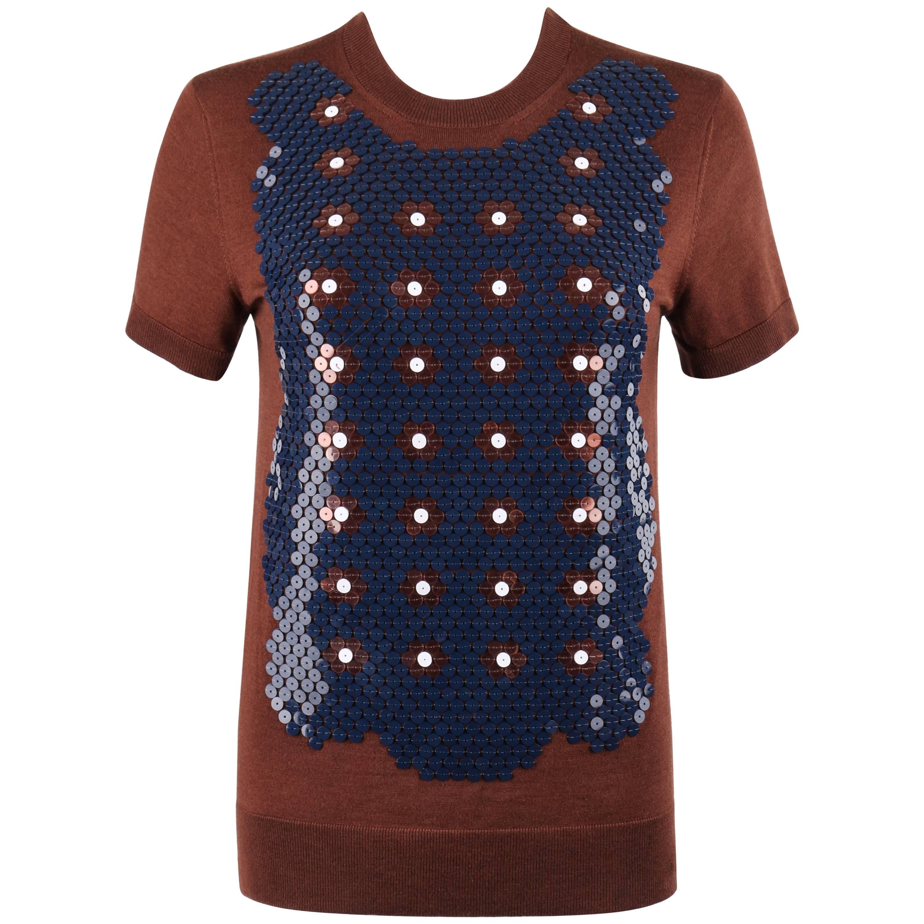 LOUIS VUITTON Resort 2013 Brown Wool Silk Knit Floral Sequin Embellished Top