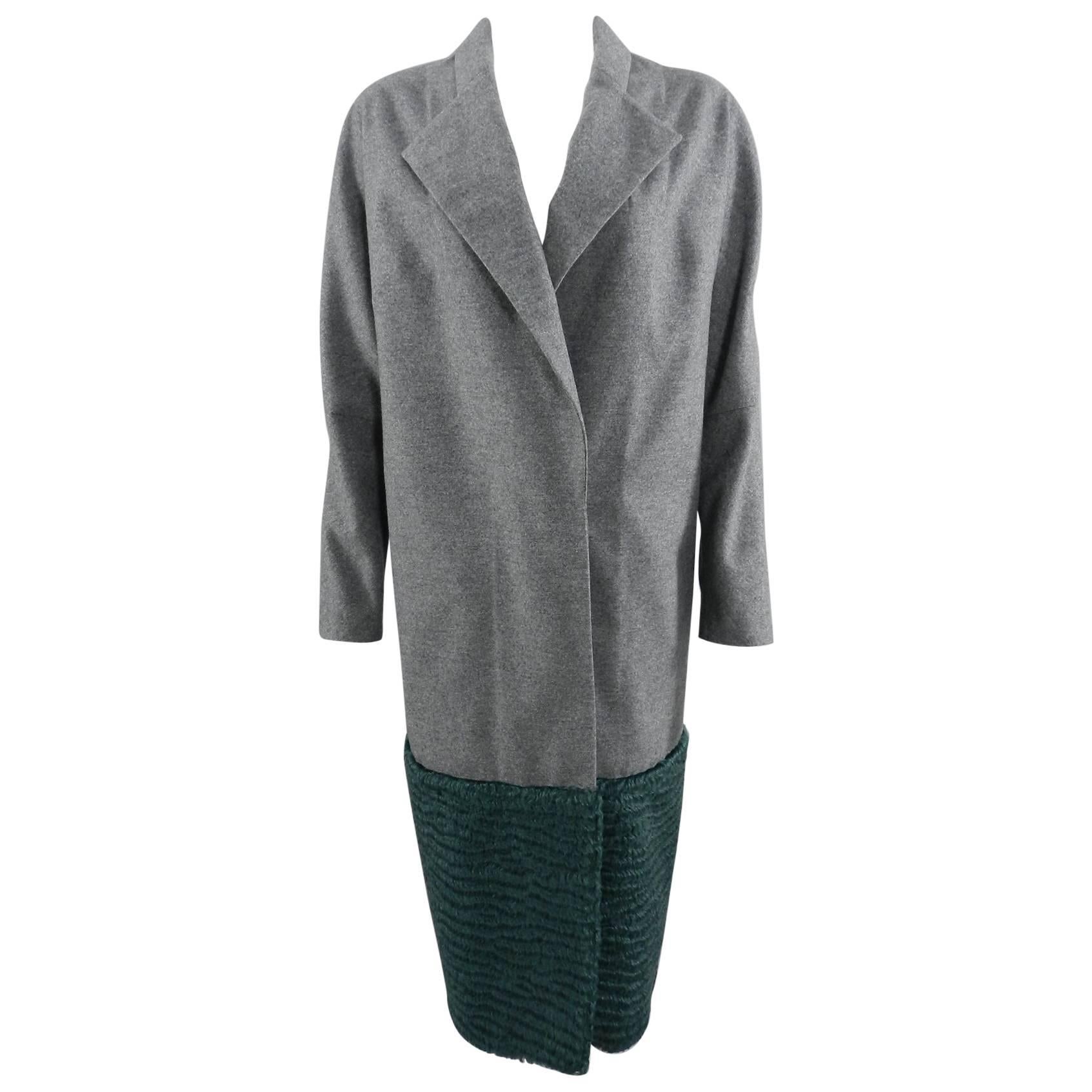 Vika Gazinskaya Grey Wool Coat with Green Faux Fur Trim