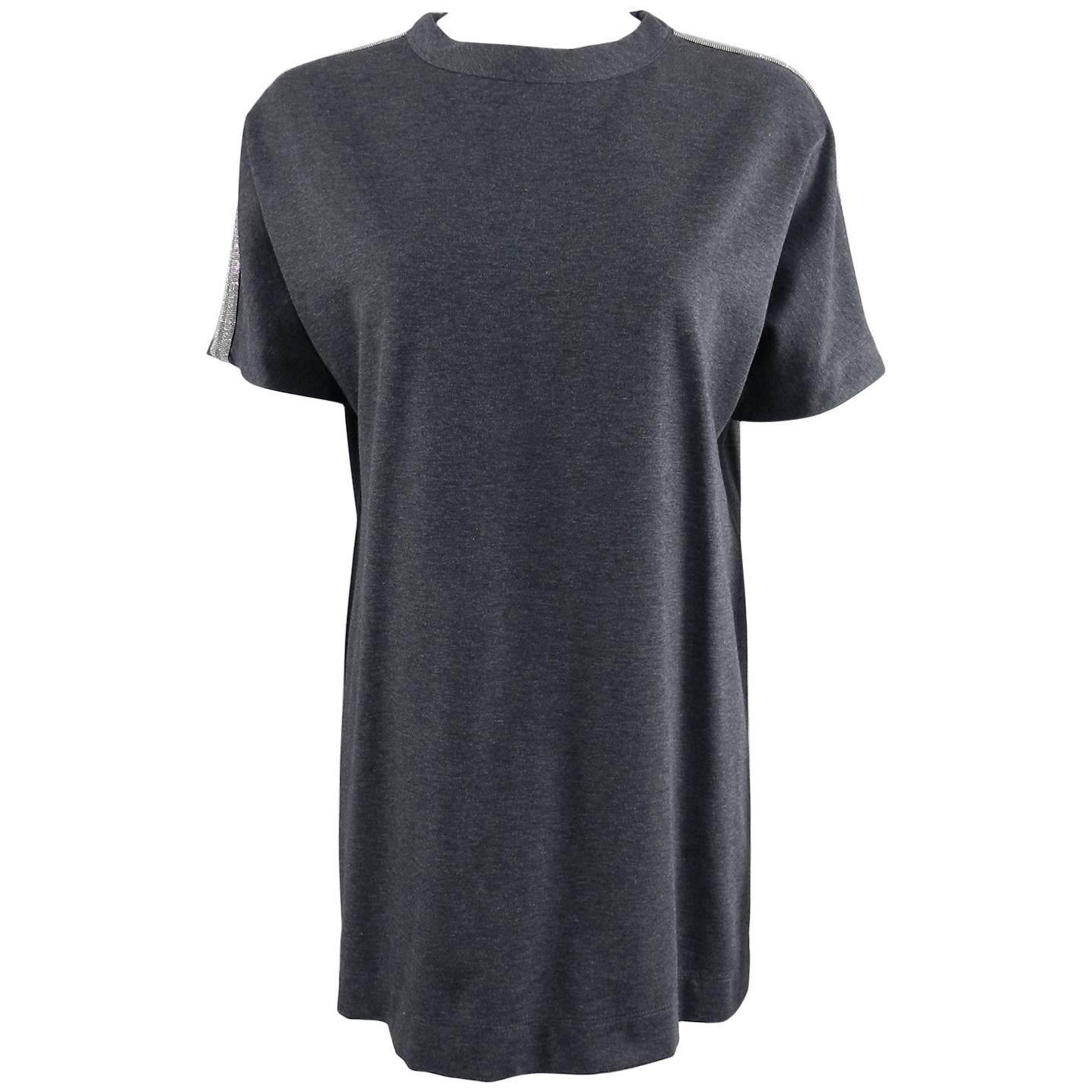 Brunello Cucinelli Gray Short Sleeve Chain Detail Long Shirt / Tunic Top