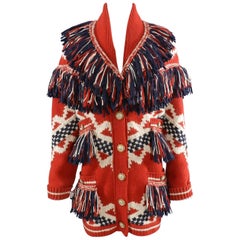 Chanel Pre-Fall 2014 Paris Dallas Runway Red and Navy Fringed Cardigan Sweater