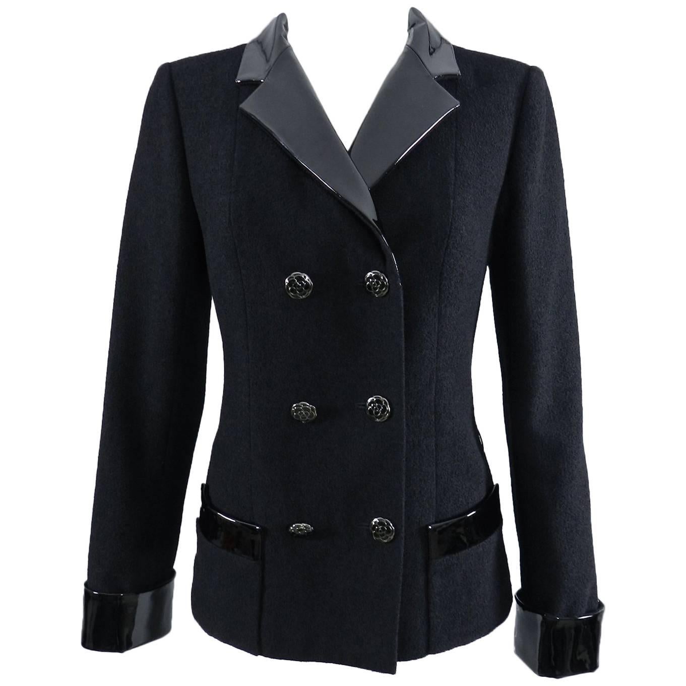 Chanel 15K Black Jacket with Patent Collar and Camelia Buttons
