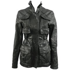 Chanel Sport 07A Black Leather Distressed Utility Jacket with Pockets