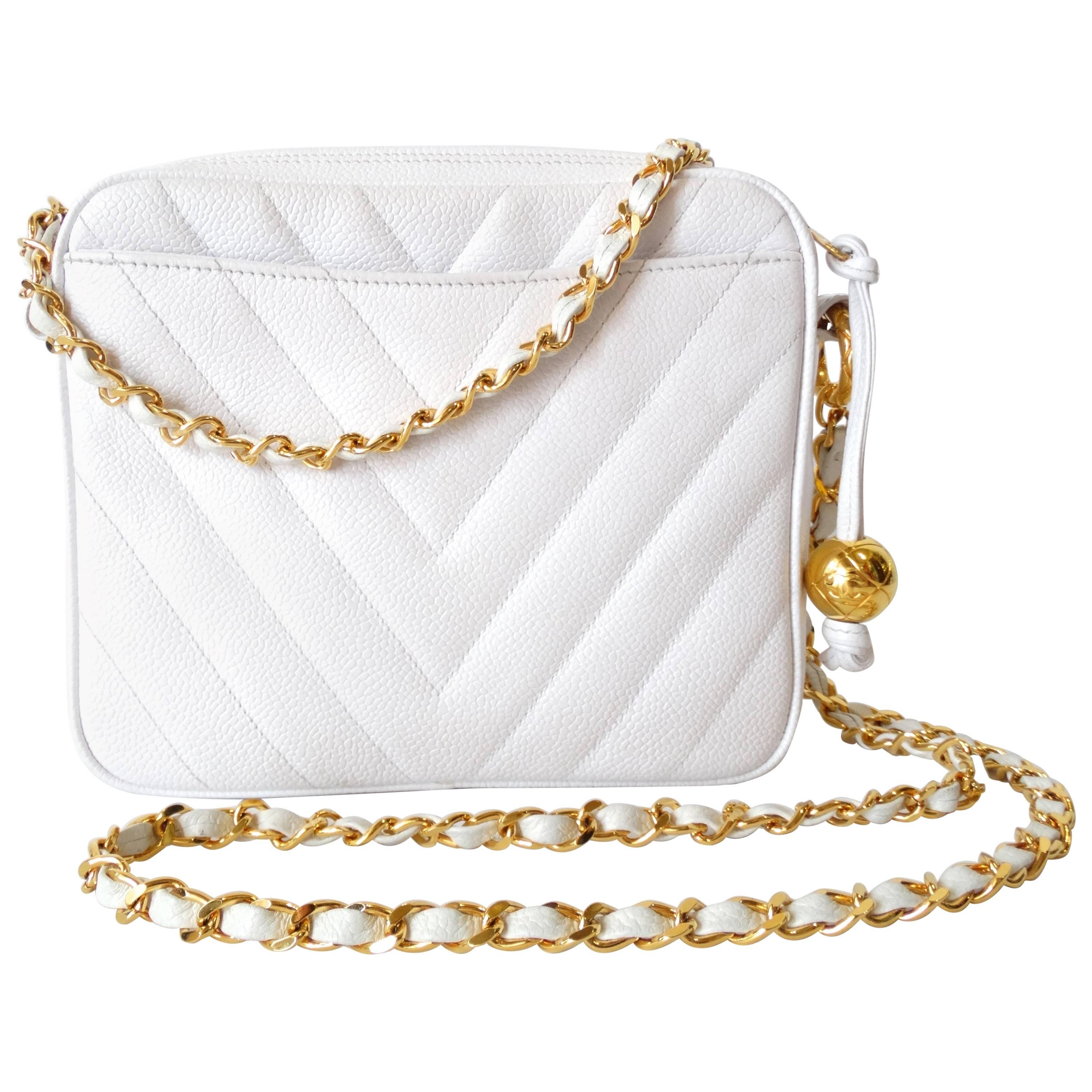 1980s Chanel White Caviar Chevron Stitched Bag 