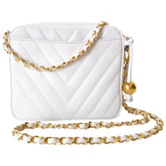 1980s Chanel White Caviar Chevron Stitched Bag 