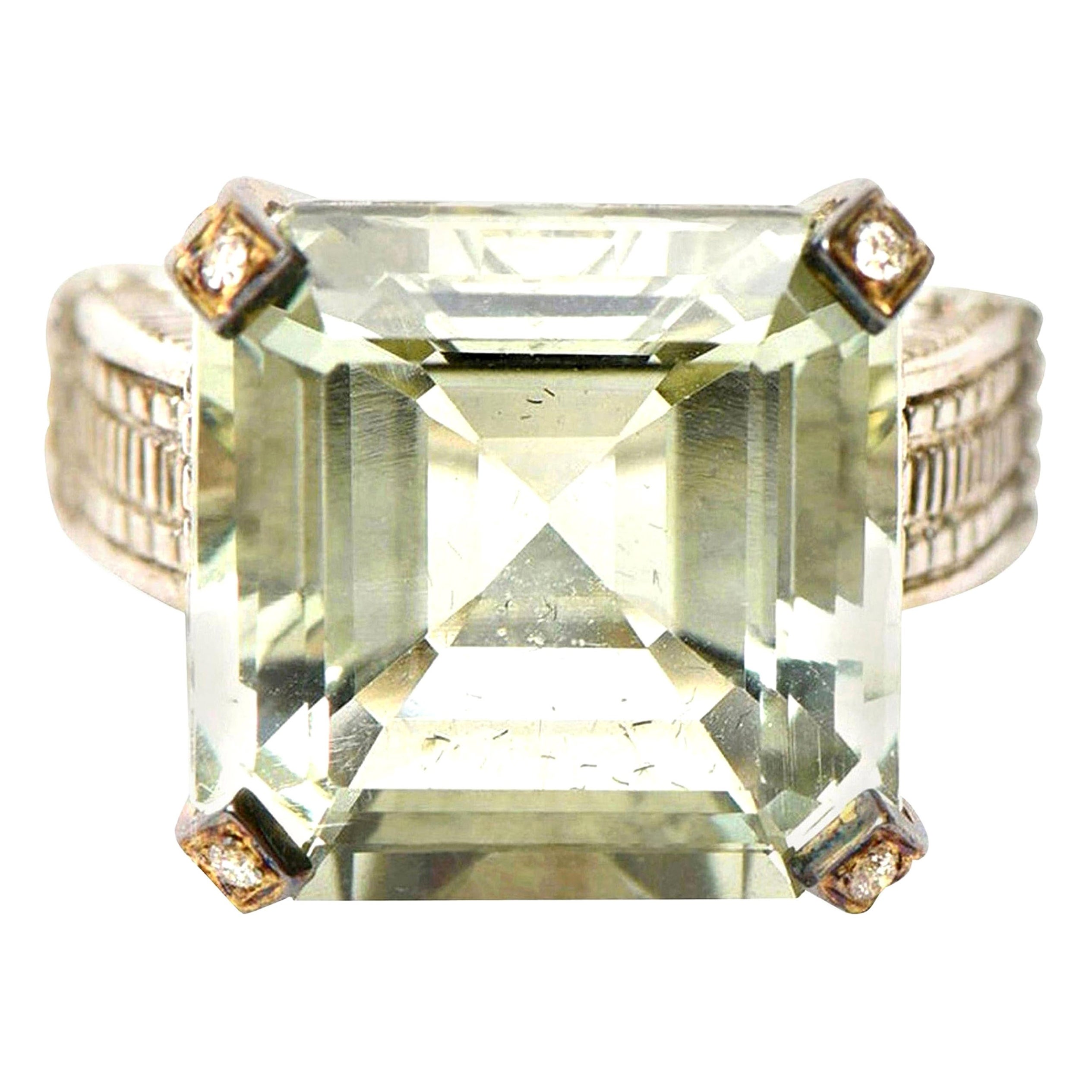 Judith Ripka Green Amethyst, Diamond , !8K White Gold and Sterling Silver Ring