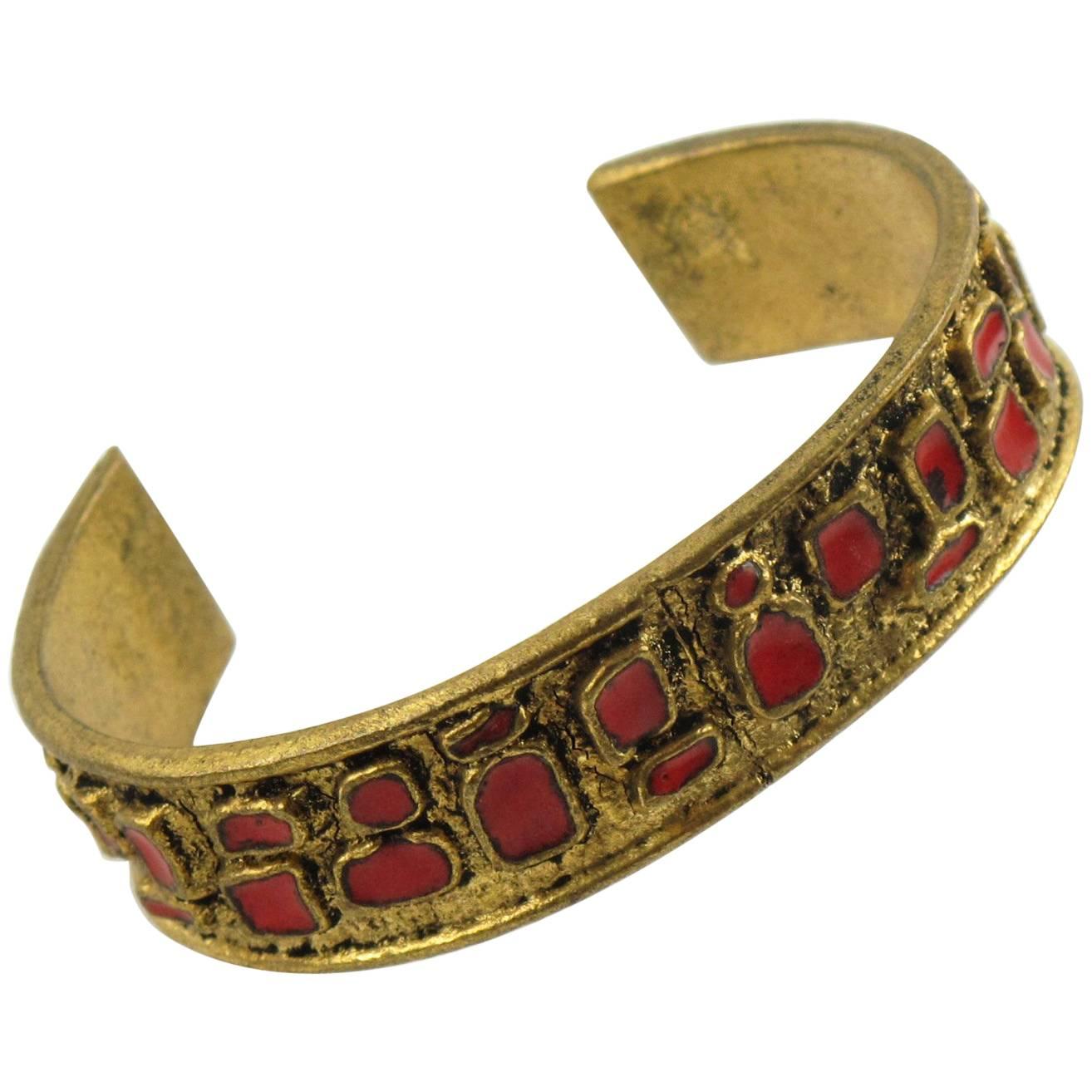 French Mid Century Modernist Bronze Cuff Bracelet Geometric Red Enamel
