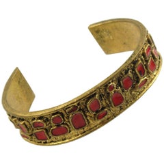 French Mid Century Modernist Bronze Cuff Bracelet Geometric Red Enamel