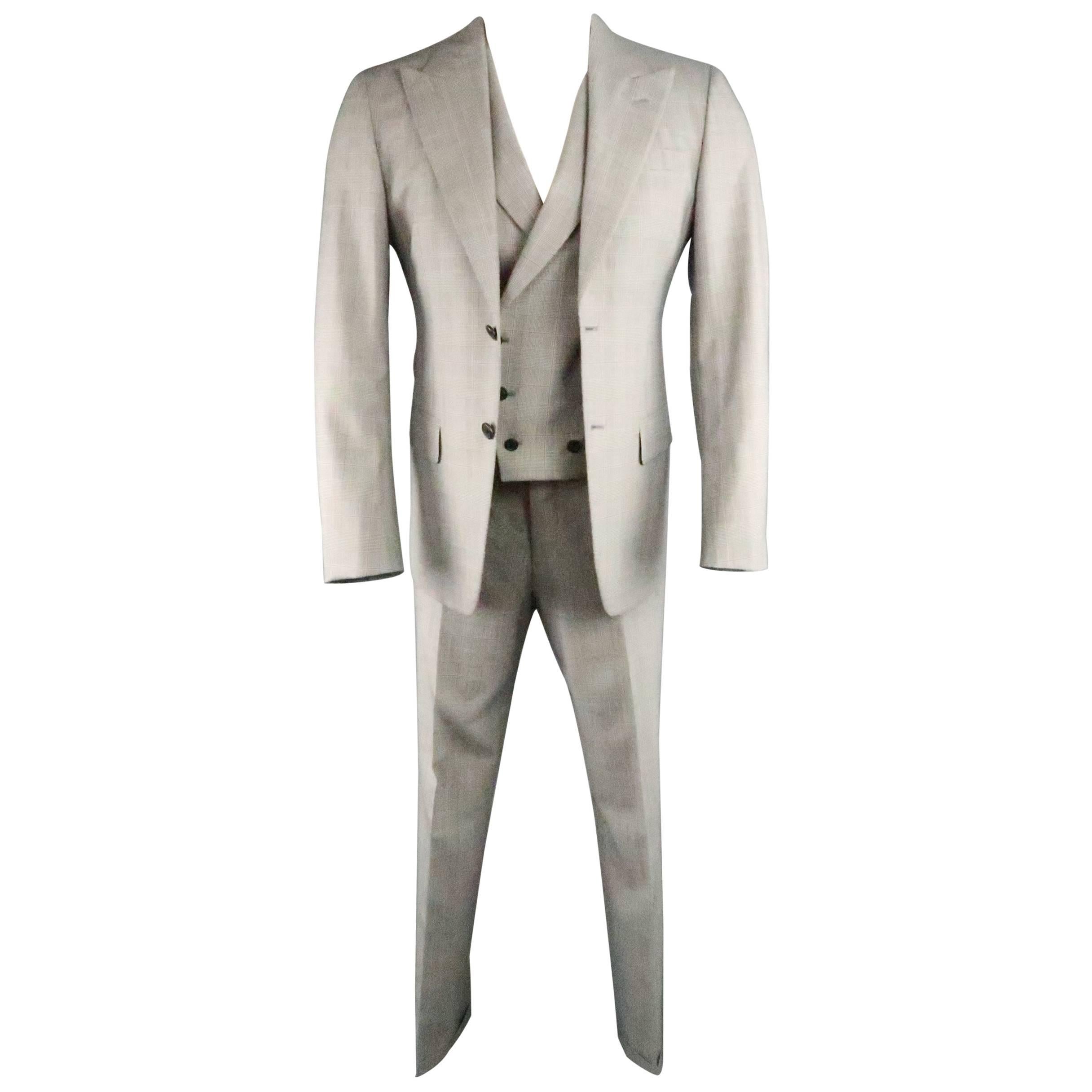 Men's PRADA 36 Regular Black White & Red Glenplaid Wool 3 pc Suit