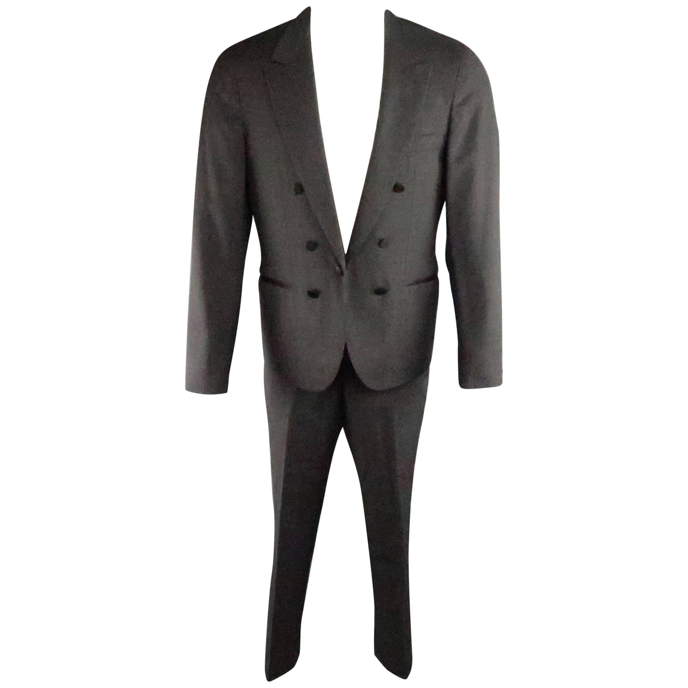 Men's LANVIN 40 Short Charcoal Wool Black Satin Trim Peak Lapel Suit