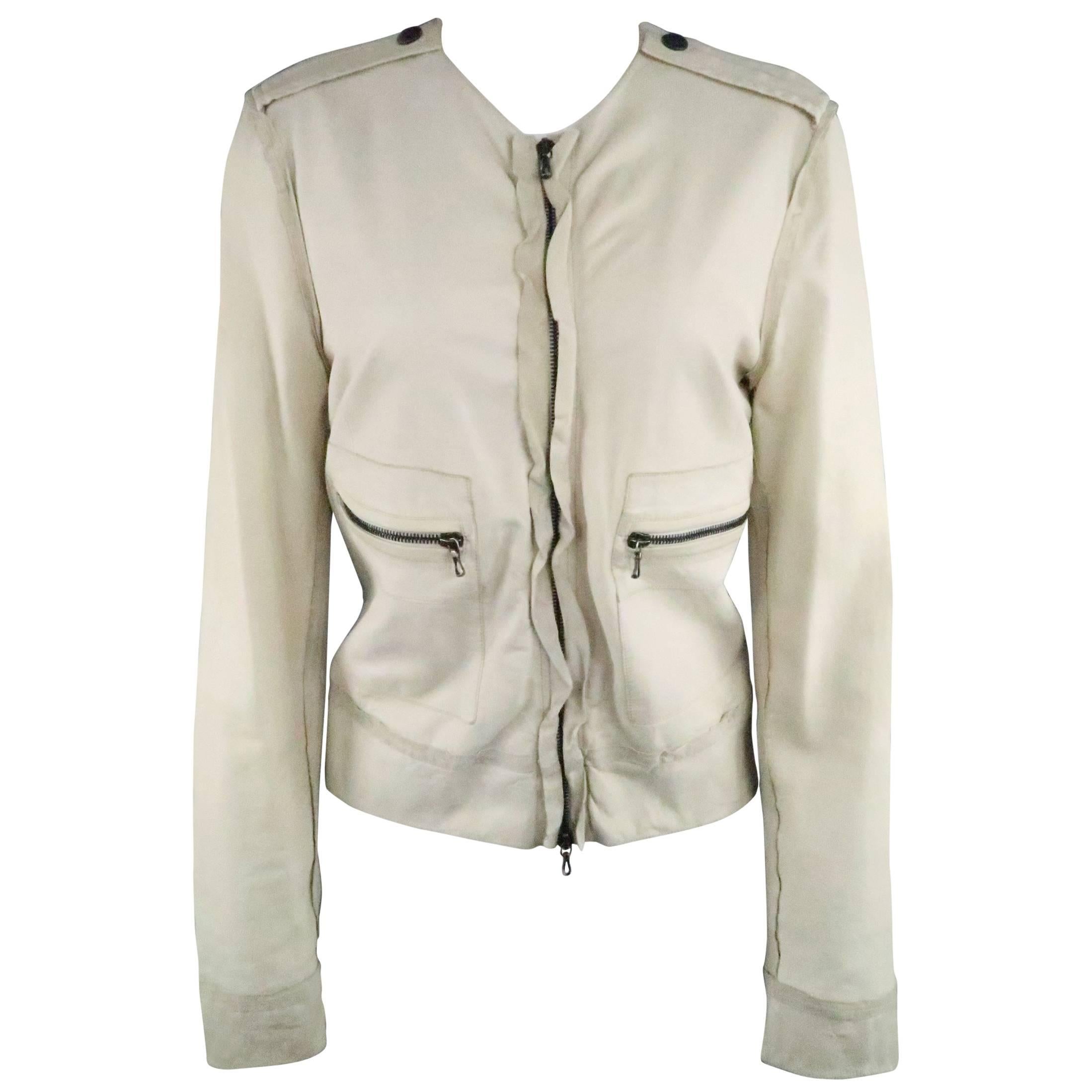 LANVIN Size 4 Off White Leather Collarless Ruffle Zip Jacket