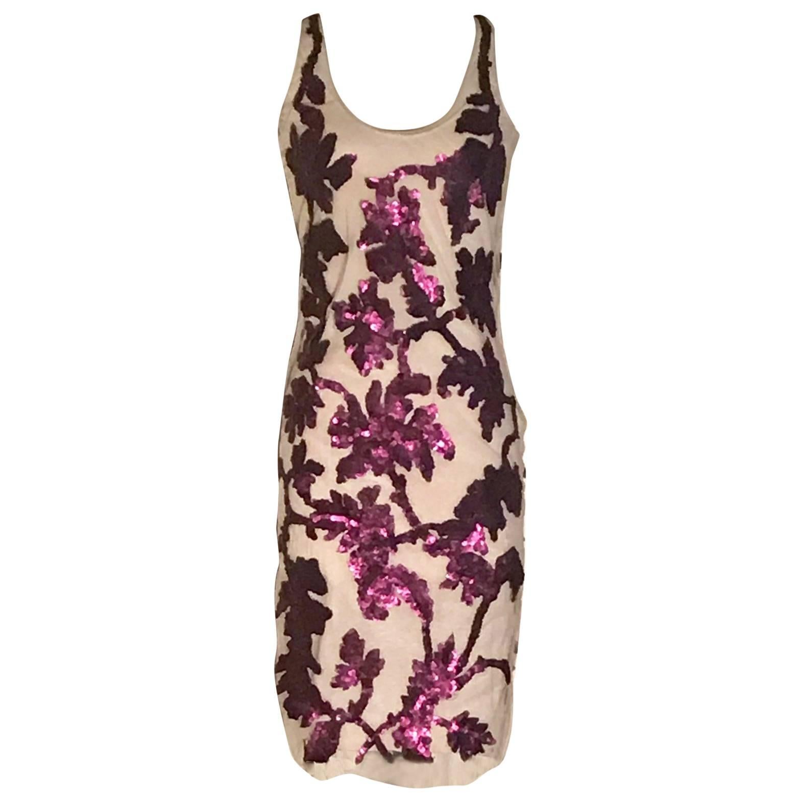 Givenchy Purple Sequin Embellished Floral on Nude Mesh Dress