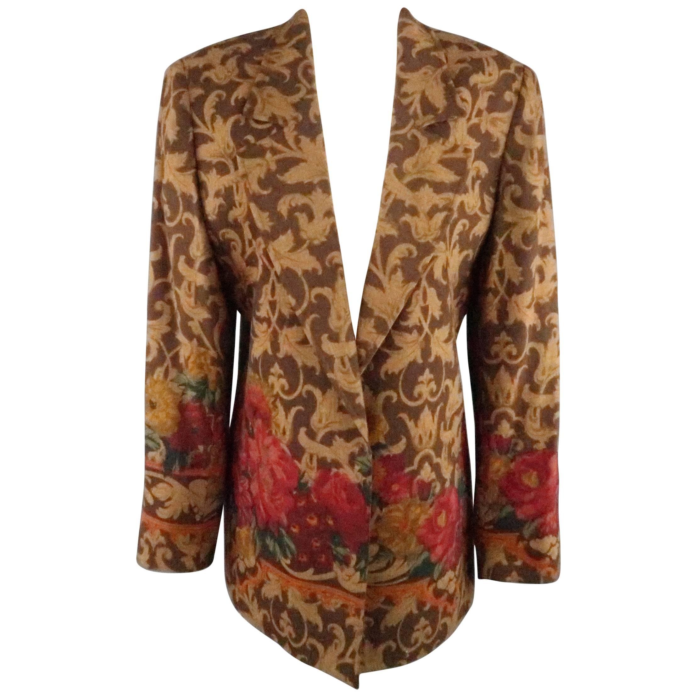 VALENTINO Size 12 Brown Boroque & Red Floral Print Open Sport Coat