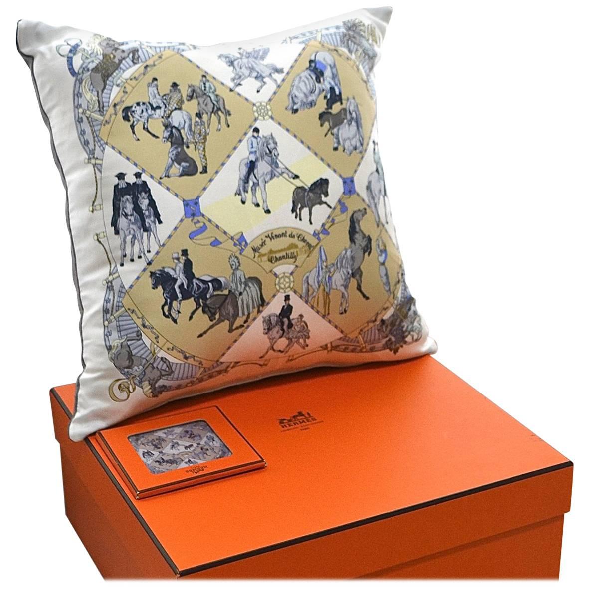 Vintage ‎Hermès Silk Scarf Pillow "Musee Vivant du Cheval Chantilly" Medium