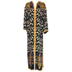 Balmain Black and White Multi Floral Print Silk Kaftan With Gold Trim 