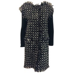 Lanvin Winter 2014 Black Wool Sweater Coat With Oversize Tweed Front and Fringe